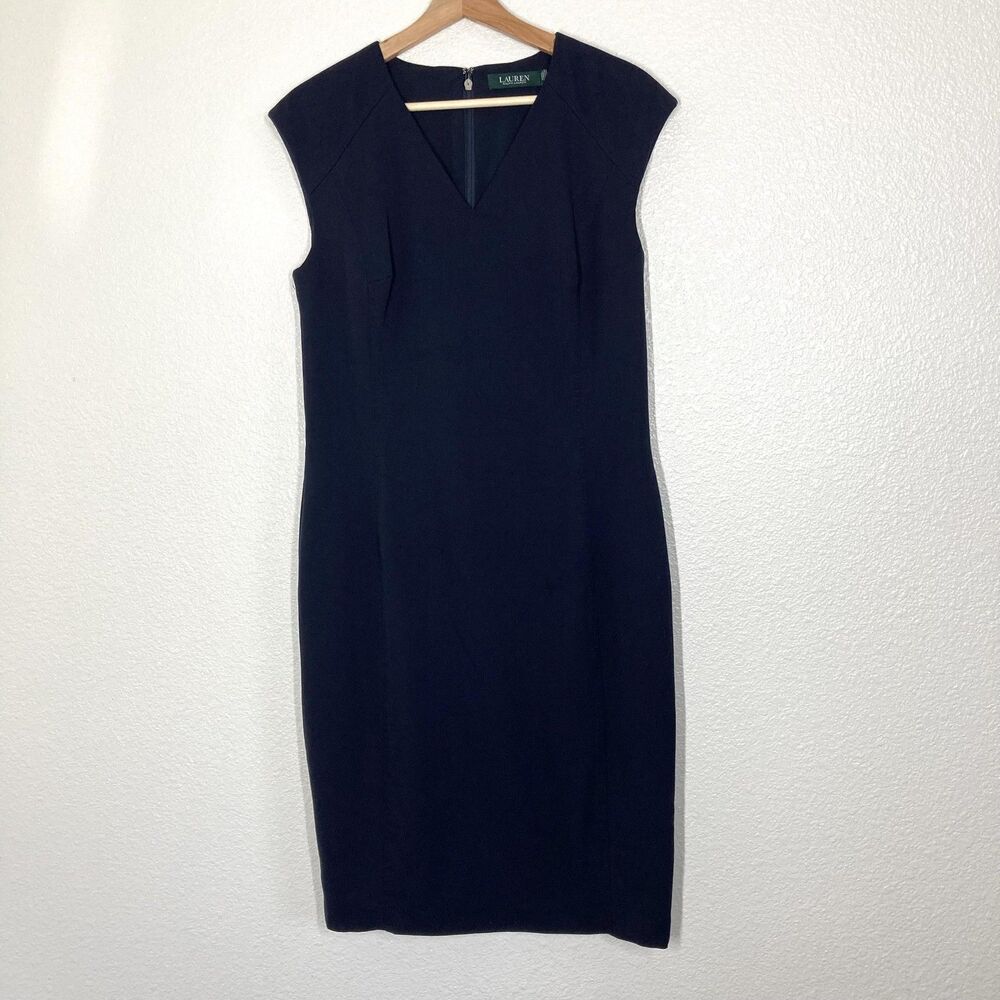 Lauren Ralph Lauren Dress Womens 8 Navy Sheath V Neck Cap Sleeve Office